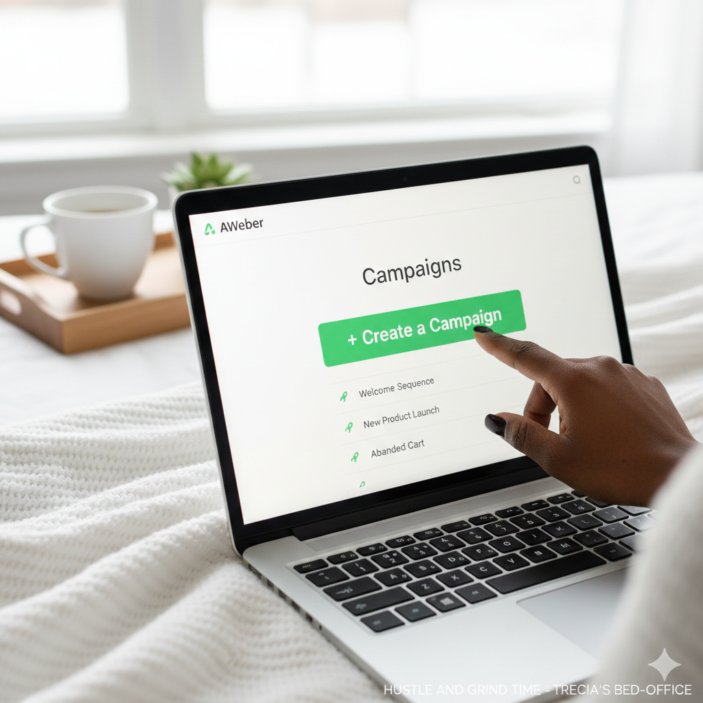  A close-up shot of a hand with dark nail polish, clicking the "+ Create a Campaign" button on the AWeber Campaigns screen.