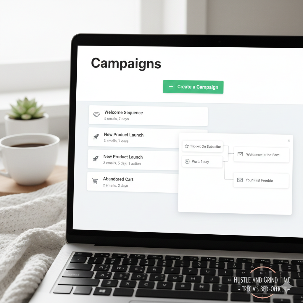 Image suggestion: A laptop on a cozy bed-office setup, showing the AWeber "Campaigns" dashboard. A pop-up bubble shows a simple "Welcome Sequence" with 2 emails and a wait period, labeled with "Trigger: On Subscribe." Maybe a coffee cup nearby.