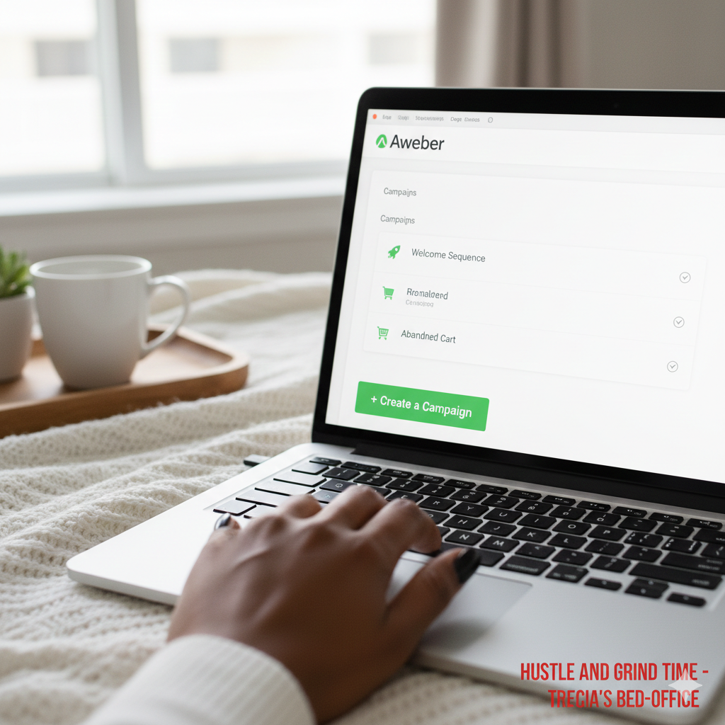A laptop screen showing AWeber's campaign creation options, perhaps with a "Welcome Series" template highlighted or "Blank Campaign" selected.