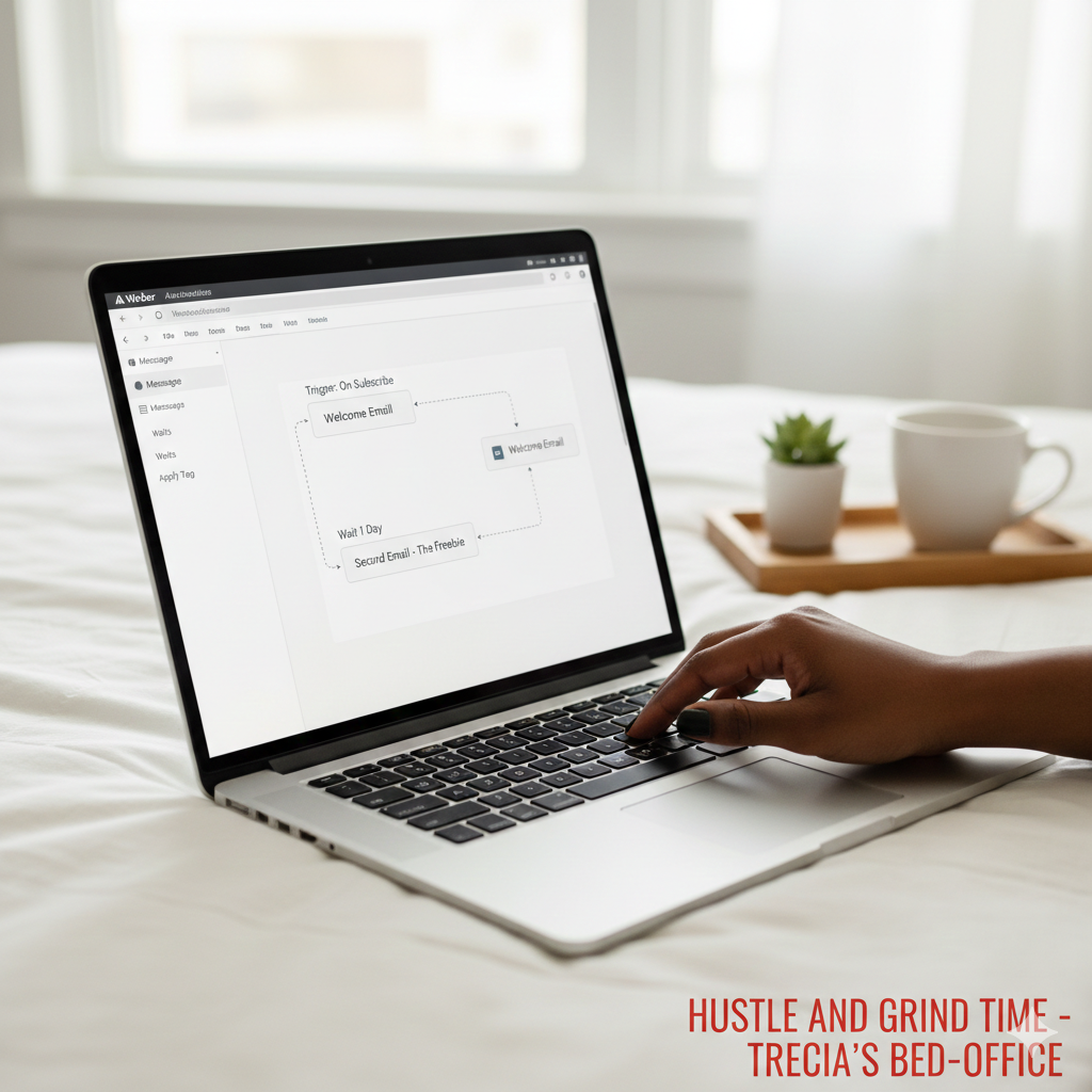 A laptop on a bed, showing the AWeber drag-and-drop campaign builder. The screen displays a simple flow: "Trigger: On Subscribe" connected to a "Welcome Email," then a "Wait 1 day" block, followed by a "Second Email - The Freebie." The left sidebar shows "Messages" and "Waits" options.